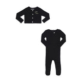 Little Parni Black Rib Footie with Rhinestone Cardigan