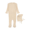 Mema Knit Cream Picot Edge Text Footie and Bonnet