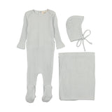 Mema Knit Blue Picot Edge Text Layette Set