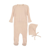 Mema Knit Peach Dust Picot Edge Text Footie and Bonnet