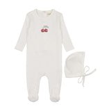 Mema Knit White/Red Embroider Cherry Footie and Bonnet