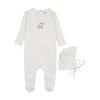 Mema Knit White/Taupe Embroider Cherry Footie and Bonnet