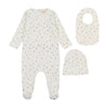 Mema Knit Floral Blue Polka Dot Footie, Beanie and Bib