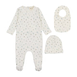 Mema Knit Floral Blue Polka Dot Footie, Beanie and Bib