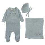 Bee & Dee Pale Blue Velour Embroider Flowers Layette Set