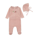 Bee & Dee Creme Pink Velour Embroider Flowers Footie