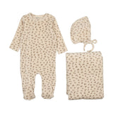 Mema Knit Ecru/Pink Velour Floral Side Snap Layette Set