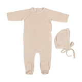 Mema Knit Oatmeal/Pink Thin Stripe Velour Footie