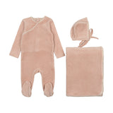 Mema Knit Pale Pink Velour Embroidered Layette Set