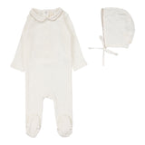 Lilette White/Oat Edge Collar Footie and Bonnet